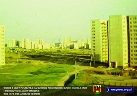 Widok z ulicy Puszczyka na budowę południowej części Osiedla Jary i pierwszych bloków Imielina, rok 1979. Fot. Andrzej Herfurt