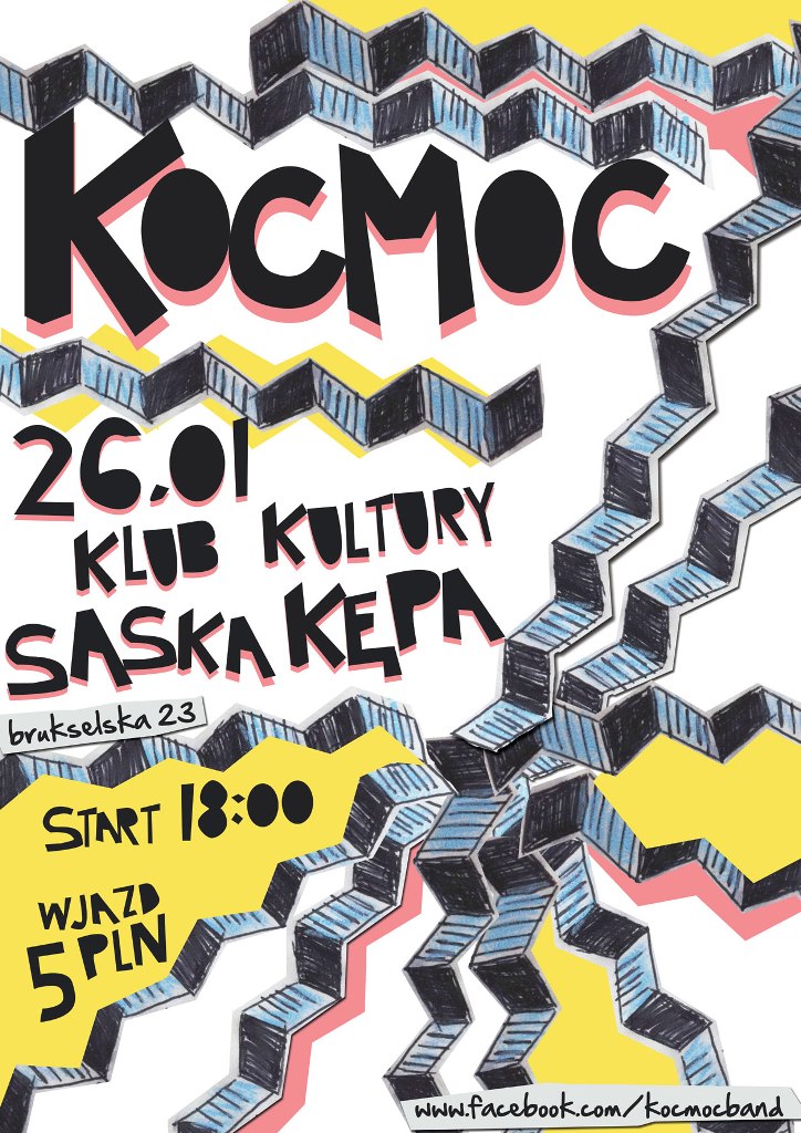 Plakat wystepu zespołu KOCMOC w Klubie Kultury Saska Kępa