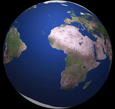 Animacja przedstawiająca ruch obrotowy ziemi z uwzględnieniem kąta nachylenia do płaszczyzny orbity Ziemia - Animacja przedstawiająca ruch obrotowy ziemi z uwzględnieniem kąta nachylenia do płaszczyzny orbity fot. Zaqwerdx, żr. Wikipedia