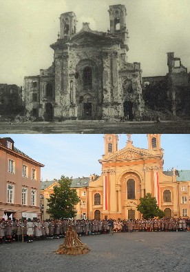 Górne zdjęcie to ruiny kościoła Garnizonowego przy ul. Długiej. Dziś, vis a vis odbudowanego kościoła stoi pomnik Powstańców Warszawy. Poniżej harcerskie uroczystości przed pomnikiem (1 sierpnia 2004 r) i odbudowany kościół.