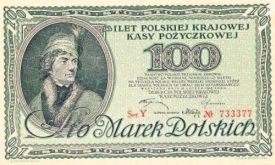 100 marek polskich z 1919 roku — pierwszy banknot wydany w Polsce po odzyskaniu niepodległości (Rzeczpospolita)